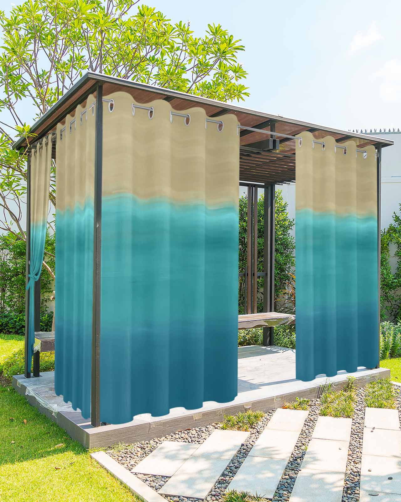 Teal Blue Ombre Outdoor Curtains for Patio, Modern Abstract Privacy Drapes Grommet Waterproof Outside Curtains for Porch/Cabana/Balcony 54"x 108", 2 Panel