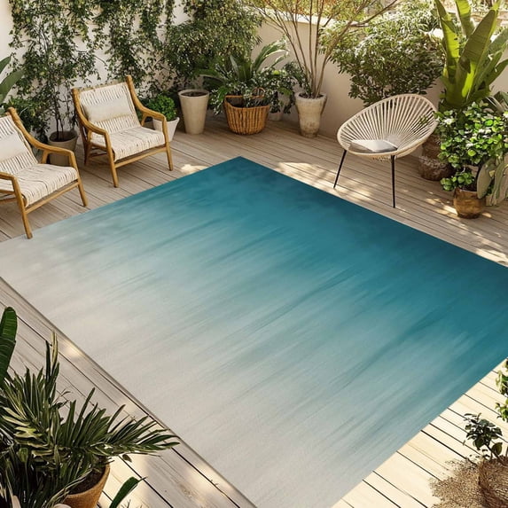 Teal Blue Ombre Outdoor Rug for Patio/Deck/Porch, Non-Slip Large Area Rug 5 x 8 Ft, Contemporary Gradient Abstract Art Indoor Outdoor Rugs Washable Area Rugs, Reversible Camping Rug Carpet Runner
