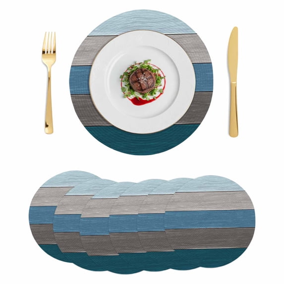 Teal Blue Ombre Round 15 Inch Placemats Set of 6, Retro Farmhouse Gradient Wood HeatResistant Non Slip Place Mats for Dining Table, Wipeable Braided Kitchen Table Mats for Housewarming