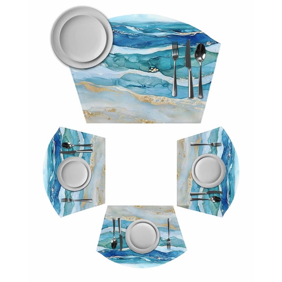 Teal Blue Ombre Round Placemats Set of 2, Modern Coastal Ink Painted Abstract Placemats for Round Dining Table Shape Wedge Placemats for Outdoor Indoor Wipeable Clean Table Place Mats