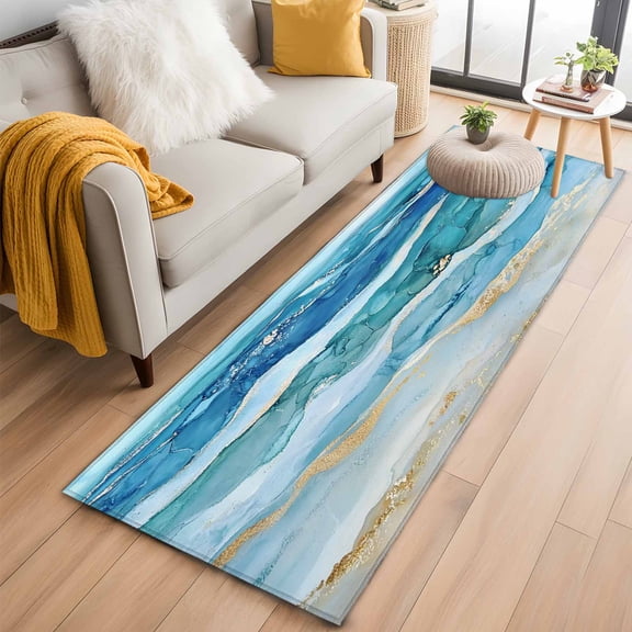 Teal Blue Ombre Runner Rug 2x6 FT,Non Slip Hallway Rugs,Modern Coastal Ink Painted Abstract Washable Soft Floor Carpet Throw Runner Carpet Long Rugs for Entryway Kitchen Bedside Sliding Door