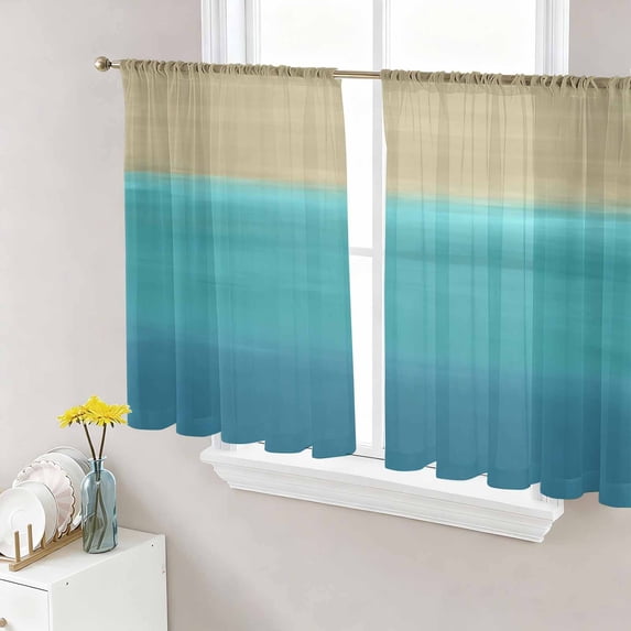 Teal Blue Ombre Sheer Curtains 54 Inch Length 2 Panels Set, Modern Abstract Gradient Art Voile Window Treatment Rod Pocket Short Kitchen Curtains Drapes for Bedroom 52"x54"x2