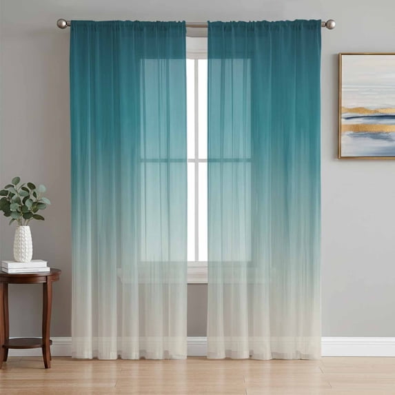 Teal Blue Ombre Sheer Curtains 96 Inch Length 2 Panels Set Window Treatments, Contemporary Gradient Abstract Art Rod Pocket Semi Curtains for Living Room/Bedroom/Kitchen Décor, 104"W x 96"L