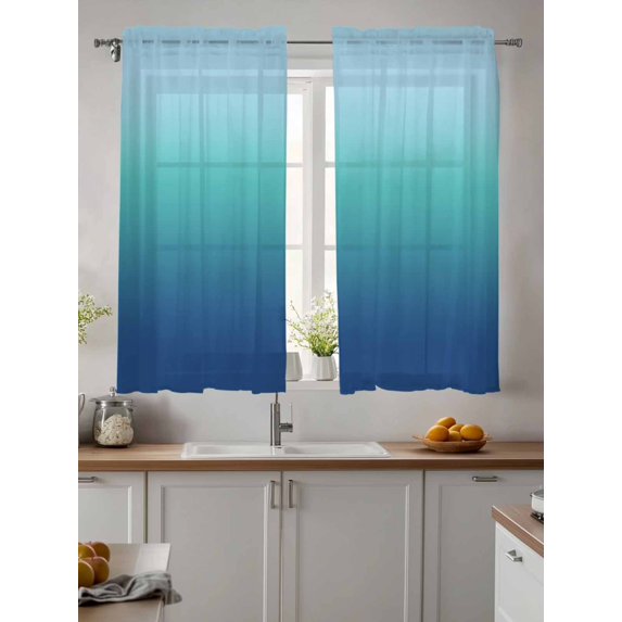 Teal Blue Ombre Sheer Kitchen Tier Curtains 45 Inch length,Rod Pocket Half Curtains & Drapes,Modern Abstract Art Gradient Aesthetics Chiffon Cafe Bathroom Window Treatments 2 Pcs 27.5"W x 45"L