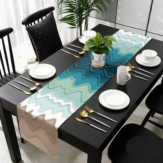 Teal Blue Ombre Stripe Cotton Linen Table Runner 13 x 90 inch Abstract Summer Beach Coastal Non-slip Rectangular Dining Table Decor for Wedding Party Holiday Dinner