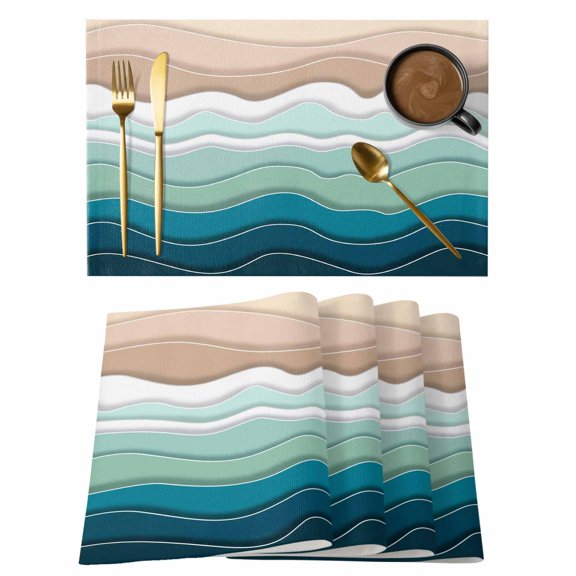 Teal Blue Ombre Stripe Placemats Set of 2, Cotton Linen Fabric Place Mats, Abstract Summer Beach Coastal Washable Decorative Table Mats Protector for Home Kitchen Dining Wedding Party Coffee Tables