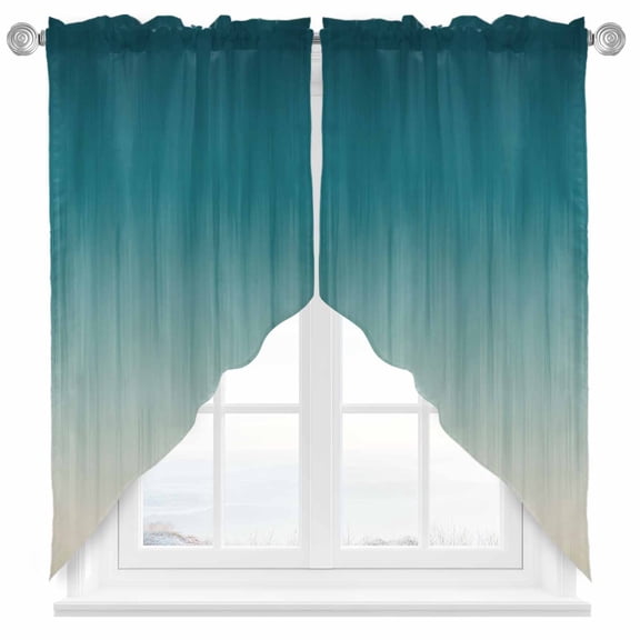 Teal Blue Ombre Swag Kitchen Curtain Valances, Contemporary Gradient Abstract Rod Pocket Curtains Window Treatment Decor Valances for Bedroom Bathroom, 2 Panels 36 x 36 Inch