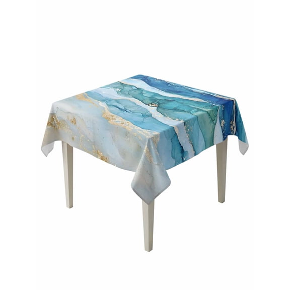 Teal Blue Ombre Table Cloth, Modern Coastal Ink Painted Abstract Waterproof Tablecloth for Square Tables, Reusable Washable Fabric Table Cover for Restaurant Kitchen Dining Tables 60"x60"