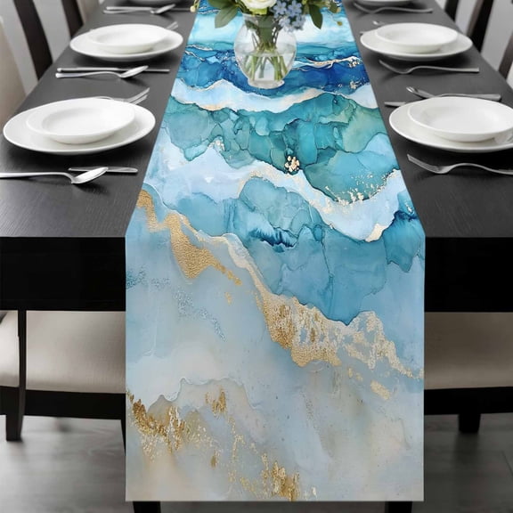 Teal Blue Ombre Table Runner 36 Inches Long, Modern Coastal Ink Painted Abstract Kitchen Coffee Dining Table Decoration for Home Party Birthday Wedding Home Decor 13x36 Inches