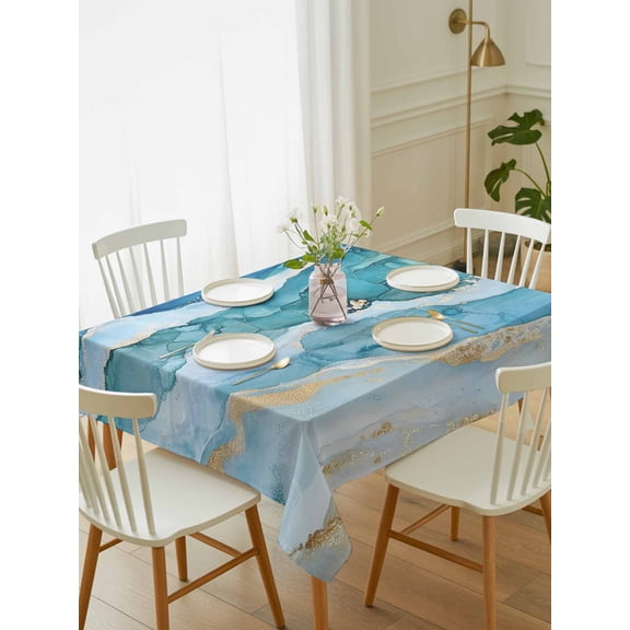Teal Blue Ombre Tablecloth Rectangle Table Cloth 52x70, Waterproof Tablecloth Outdoor Table Cloth, Modern Coastal Ink Painted Abstract Washable Table Cover for Kitchen Dinning Party