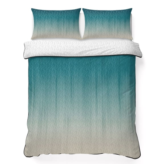 Teal Blue Ombre Twin Quilt Bedding Set, Contemporary Gradient Abstract Lightweight Comforter with 2 Pillow Shams Bedroom Bedspread Set Home Decor for All Seasons