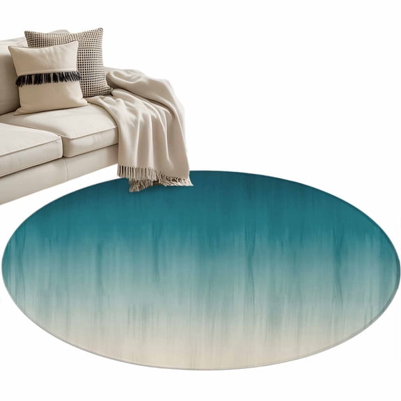 Teal Blue Ombre Washable Round Area Rug 4 ft, Contemporary Gradient Abstract, Soft Non Slip Rugs Stain Repellent Indoor Felt Carpet for Living Dining Room Bedroom Home Office