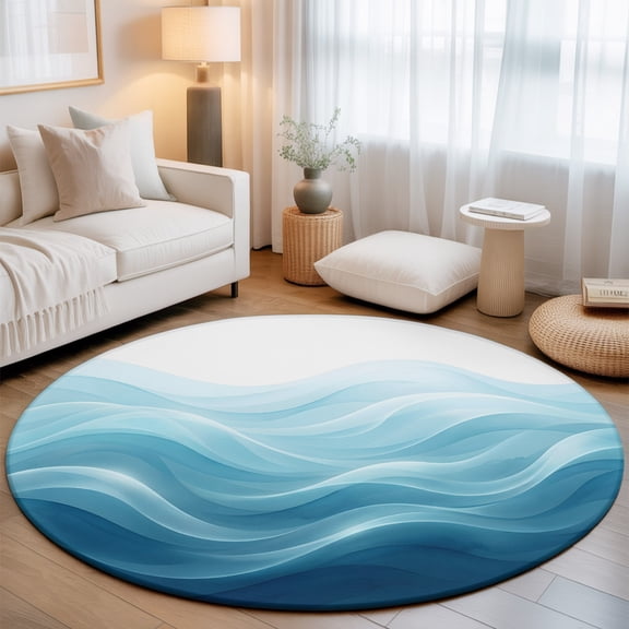 Teal Blue Ombre Washable Round Area Rug 5 ft, Abstract Modern Gradient Ripple Soft Non Slip Rugs Stain Repellent Indoor Felt Carpet for Living Dining Room Bedroom Home Office