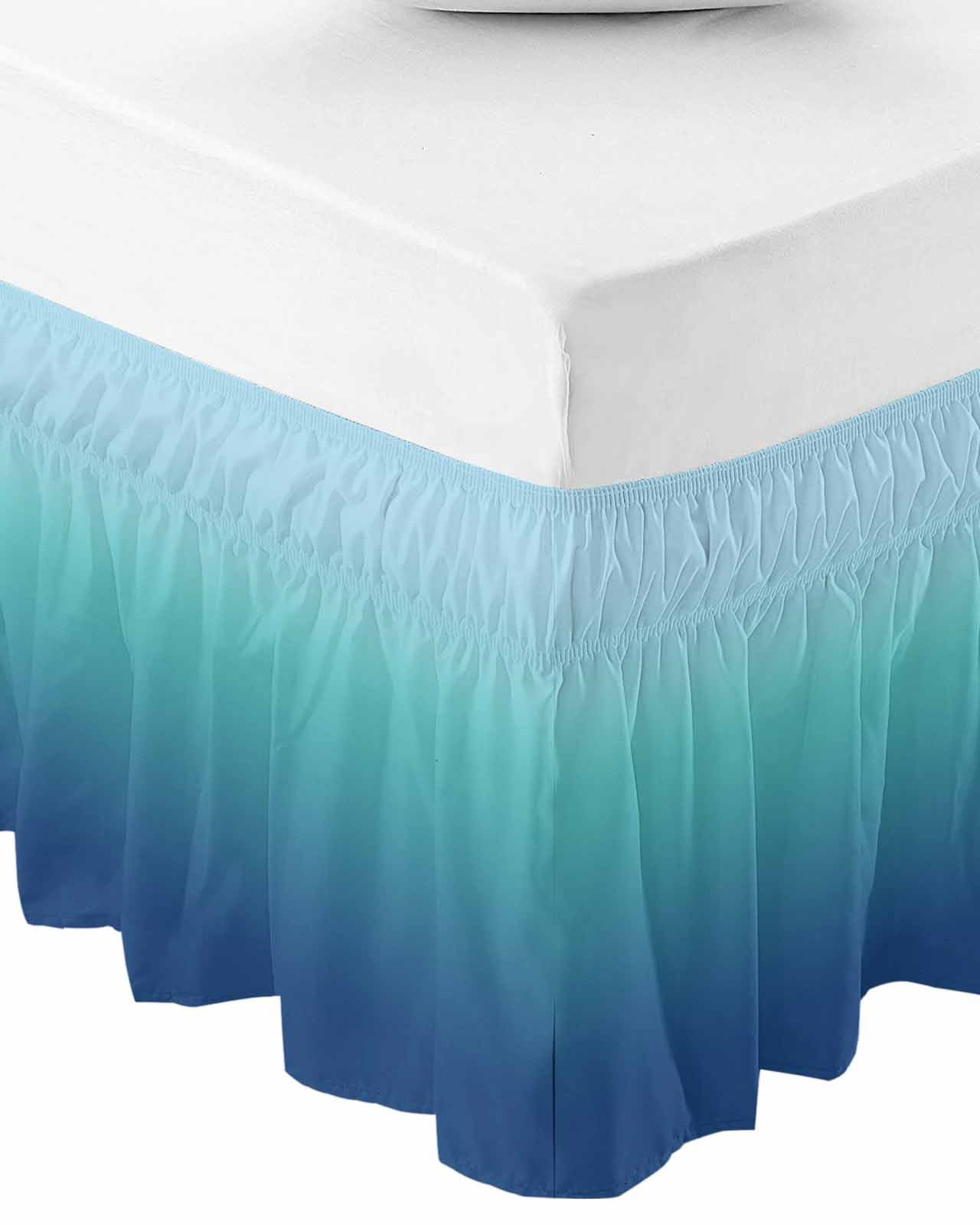 Teal Blue Ombre Wrap Around Bed Skirts for Queen Bed 16" Drop,Bed Skirt with Adjustable Elastic Belt Dust Ruffle Bed Valance for Bedroom Hotel Modern Abstract Art Gradient Aesthetics Bed Frame Cover