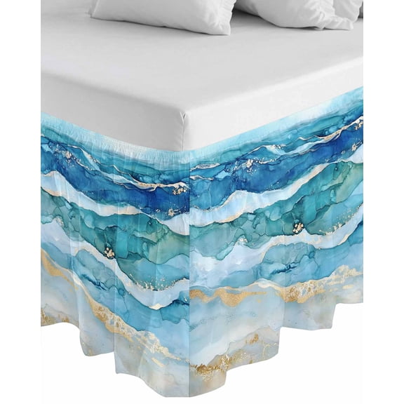 Teal Blue Ombre Wrap Around Bed Skirts for Queen Bed 18" Drop,Bed Skirt with Adjustable Elastic Belt Dust Ruffle Bed Valance for Bedroom Hotel Modern Coastal Ink Painted Abstract Bed Frame Cover