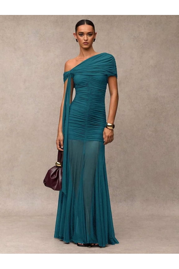 Teal Blue One-Shoulder Ruched Maxi Evening Gown Formal Dress