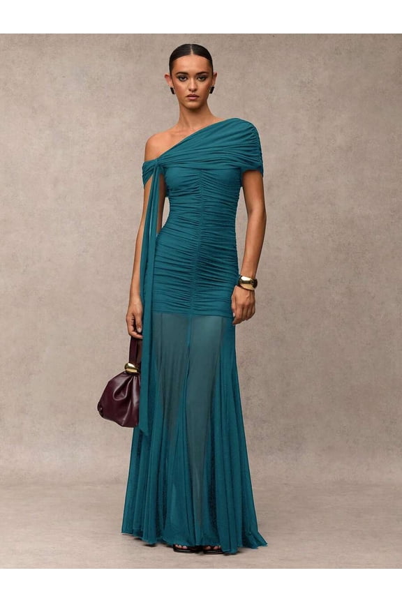 Teal Blue One-Shoulder Ruched Maxi Evening Gown Formal Dress
