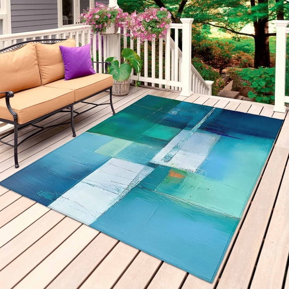 Teal Blue Outdoor Rug for Patio/Deck/Porch, Non-Slip Large Area Rug 4 x 6 Ft, Modern Oil Painting Abstract Geometric Indoor Outdoor Rugs Washable Area Rugs, Reversible Camping Rug Carpet Runner