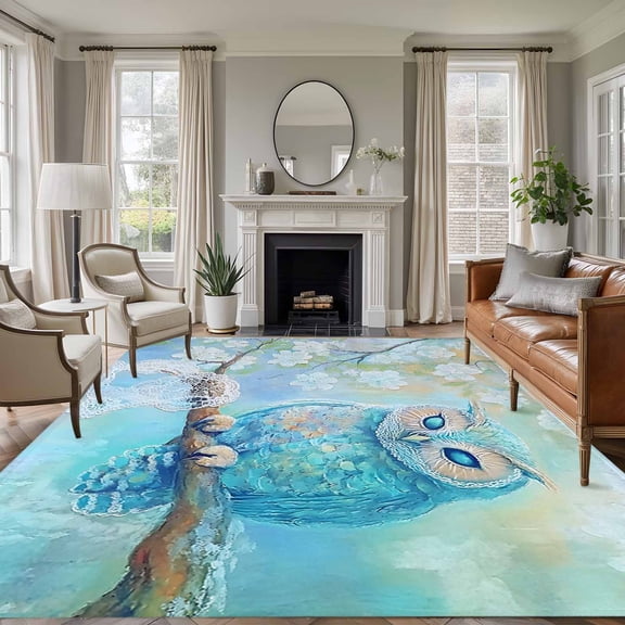 Teal Blue Owl 6'x9' Area Rug for Living Room, Modern Flowers Birds on Branch Washable Non-Slip Floor Mat Rugs for Bedroom Dining Room, Indoor Large Carpet for Classroom, Nursery Rugs for Playroom