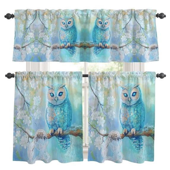 Teal Blue Owl Kitchen Curtains, Kitchen Curtains and Valances Set of 3, Modern Flowers Birds on Branch Light Filtering Tailored Tier Curtain 24 Inch Length Drapes for Cafe Sink Bedroom