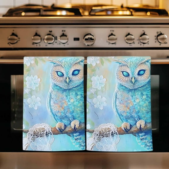 Teal Blue Owl Kitchen Towels Set of 1, Modern Flowers Birds on Branch Absorbent Dish Towels for Kitchen, Microfiber Hand Towel, Quick Drying Tea Towel for Cleaning Decorative Dishcloths