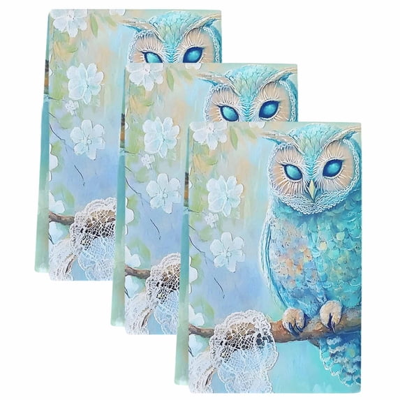 Teal Blue Owl Kitchen Towels Set of 3, Modern Flowers Birds on Branch Soft Microfiber Dish Towels, Absorbent Quick-Dry Washable Dishcloths for Kitchen Cleaning, Drying Dishes, 18x28 Inches