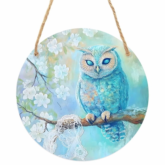 Teal Blue Owl Round Front Door Welcome Sign, 7.8 Inch Wall Hanging Decor for Indoor Outdoor, Modern Flowers Birds on Branch Home Porch Hanger Decorations for Holiday Gift