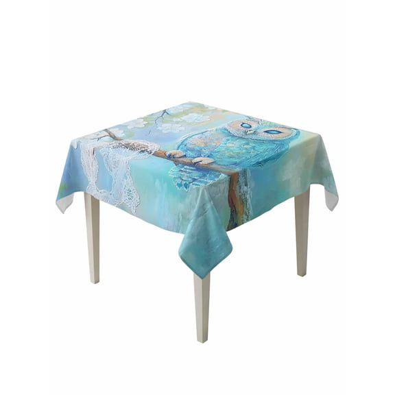 Teal Blue Owl Table Cloth, Modern Flowers Birds on Branch Waterproof Tablecloth for Square Tables, Reusable Washable Fabric Table Cover for Restaurant Kitchen Dining Tables 60"x60"