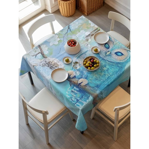 Teal Blue Owl Tablecloth Square Table Cloth 54x54, Waterproof Outdoor Table Cloth Covers Decorative Table Protector, Modern Flowers Birds on Branch Washable Table Cover for Kitchen Dinning Party