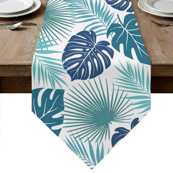 Teal Blue Palm Leaves Table Runner Linen Burlap Table Runner 72 Inches Long Tropical Botanical Summer Dresser Scarves for Kitchen Island Coffee Dining Room Party Wedding Banquet Holiday Decor 18"x72"