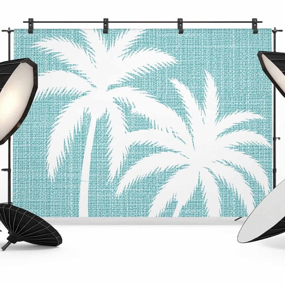 Teal Blue Palm Tree Backdrops for Photography, Summer Tropical Beach Country Tree Leaf Linen Texture Fabric Photo Background Sturdy Studio Props for Photo Studio, Video Recording Photoshoot 7x5ft