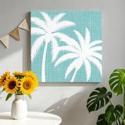 Teal Blue Palm Tree Canvas Wall Art, Summer Tropical Beach Country Tree Leaf Linen Texture Pictures Wall Decor Wooden Framed Artwork Art Prints for Living Room Hallway Bedroom Office 8"x8"