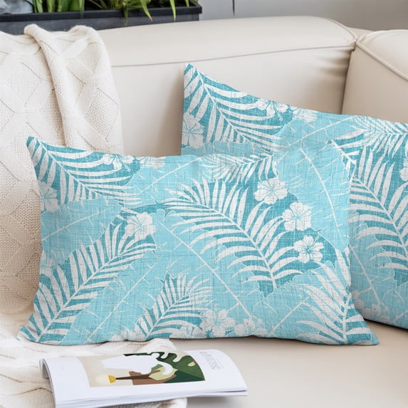 Teal Blue Palm Tree Throw Pillow Cover,Pillowcase Protectors with Zipper,Breathable Decorative Lumbar Pillow Case Cover,Summer Tropical Plants Leaves Vintage Flowers Pillow Shams for Couch 16x24Inch