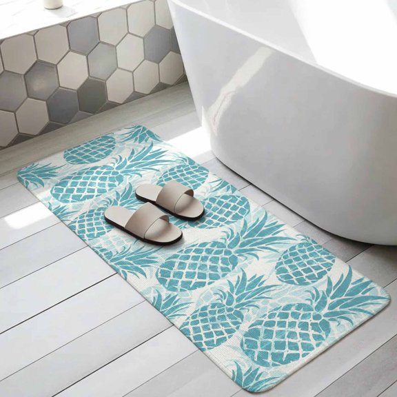 Teal Blue Pineapple Bathroom Runner Rugs Non Slip Washable Absorbent Narrow Long Bath Mat Summer Botanical Tropical Fruits Runner Rugs for Kitchen Hallway Bedroom Laundry Study Room 19.7"x63"