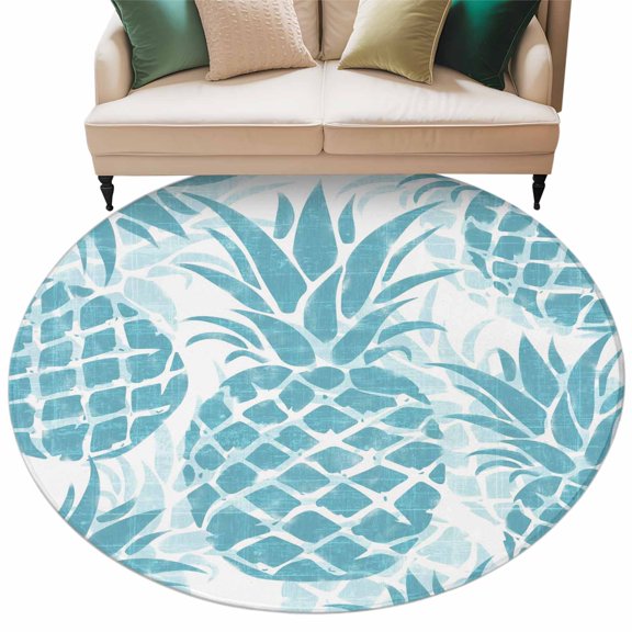 Teal Blue Pineapple Round Rug 8ft Washable Circle Rugs Non Slip Summer Botanical Tropical Fruits Large Area Rug Indoor Floor Carpet for Bedroom Kitchen Living Room Home Office Dining Room Nursery