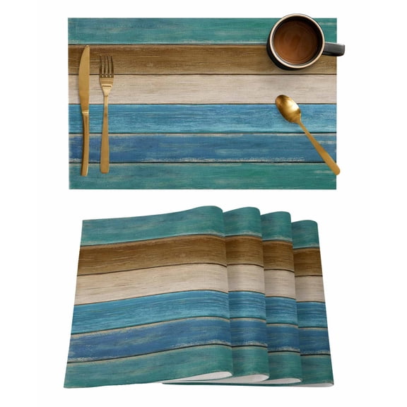 Teal Blue Placemats Set of 2 Brown Wooden Board Gradient Farmhouse Country Heat Insulation Washable Place Mats, Rustic Non-Slip Table Mats for Dining Table Party Kitchen Decor,13x19 Inch