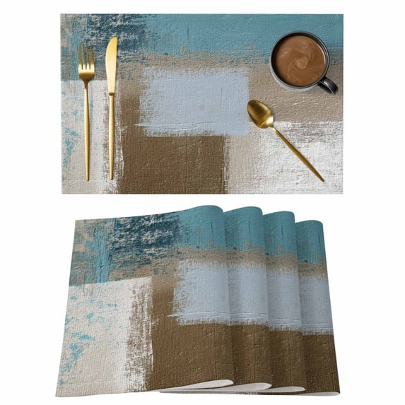 Teal Blue Placemats Set of 6, Brown White Minimalist Retro Smear Ombre Art Placemats for Dining Table, Place Mats for Kitchen Tabletop, Waterproof Wipeable Dining Table Mats Set