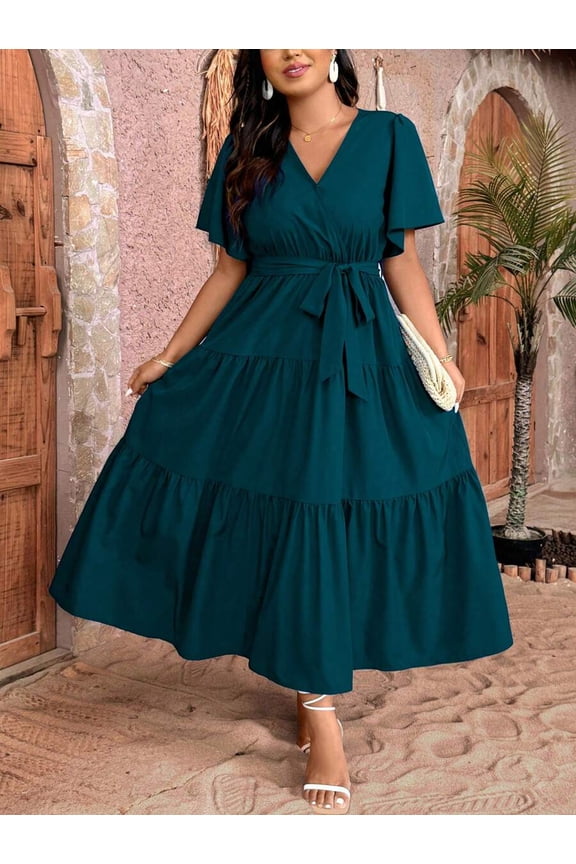 Teal Blue Plus Size V-Neck Wrap Maxi Dress With Tiered Ruffle Hem And Self-Tie Waist Belt, Short Sleeve