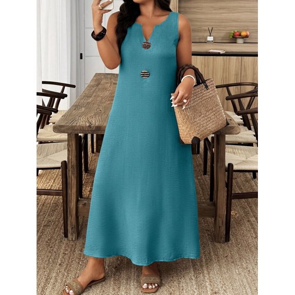 Teal Blue Plus Size Women V-Neck Sleeveless Loose Casual Maxi Dress With Decorative Buttons