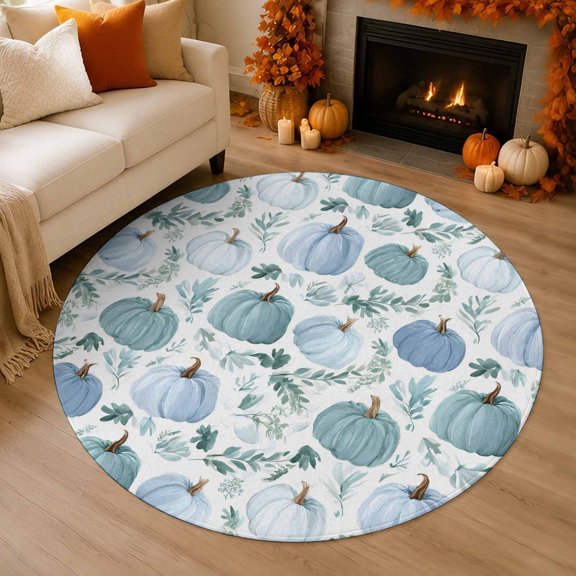 Teal Blue Pumpkin 3' Round Rug for Bathroom Accent Bedside Corner, Fall Green Leaves Botanical Thanksgiving Washable Non Slip Soft Circle Area Rug for Small Spaces Entryway