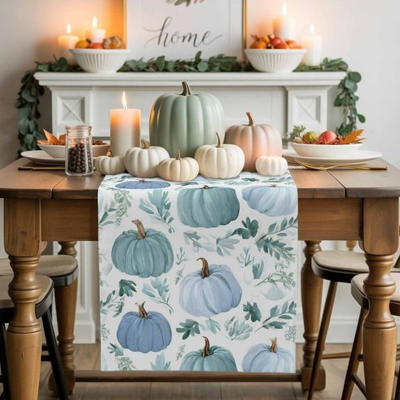 Teal Blue Pumpkin Cotton Linen Table Runner, Washable Table Runners for Kitchen, Dining Room, Holiday, Home Party Table Decor, 13x90 Inches