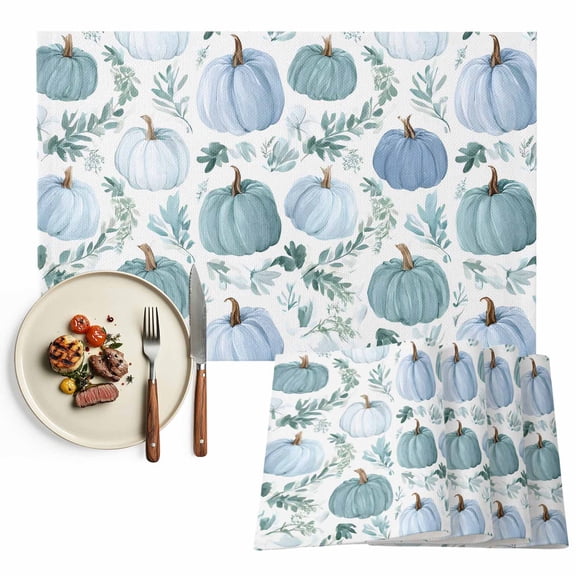 Teal Blue Pumpkin Placemats Set of 1 Fall Green Leaves Botanical Thanksgiving Heat Insulated Linen Place Mats, Washable Stain-Proof Table Mats for Dining Tables Holiday Decor 13x19inch