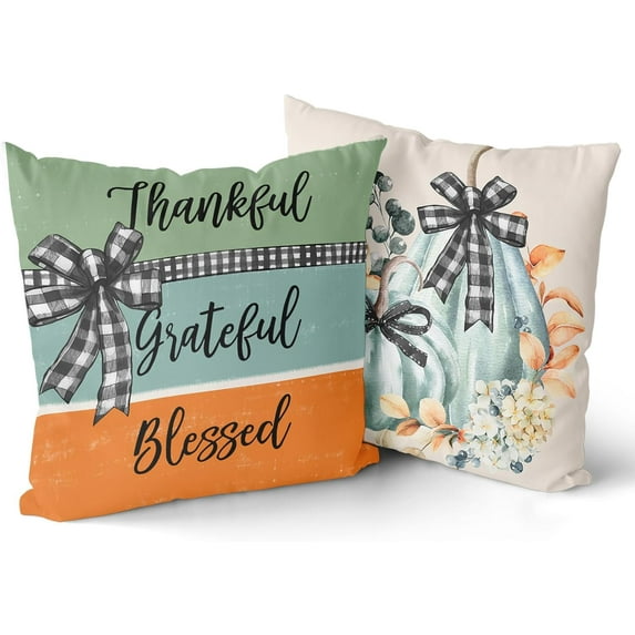 Teal Blue Pumpkin Throw Pillow Covers Autumn Thankful Grateful Blessed Harvest Pillow Case Thanksgiving Buffalo Check Farmhouse Cushion Cover Seasonal Pillow Cover 18 x 18 Inch Set of 2