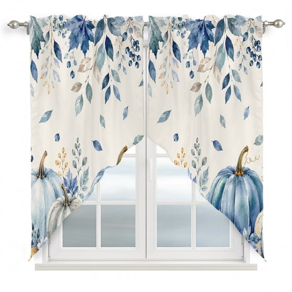 Teal Blue Pumpkins Fall Swag Valances for Windows, Kitchen Curtains 36 Inch Length 2 Panels Set, Thanksgiving Weeping Floral Short Curtains for Small Windows Rod Pocket Cafe Curtains Drapes 28"x36"