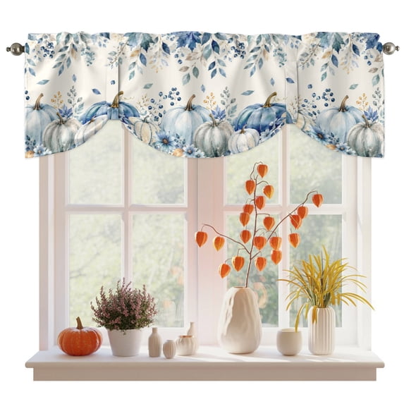 Teal Blue Pumpkins Fall Tie Up Valance Curtains for Windows, Kitchen Curtains Window Treatments, Thanksgiving Weeping Floral Short Window Shades Valances for Bedroom Bathroom Cafe 54"x18"