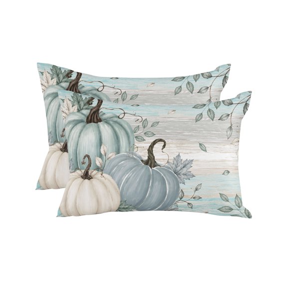 Teal Blue Pumpkins Throw Pillows 12x20 Set of 2, Thanksgiving Fall Aqua Wooden Waterproof Outdoor Pillow Covers with Insert, Decorative Pillowcase Cushion for Couch, Sofa, Bed, Patio, Garden