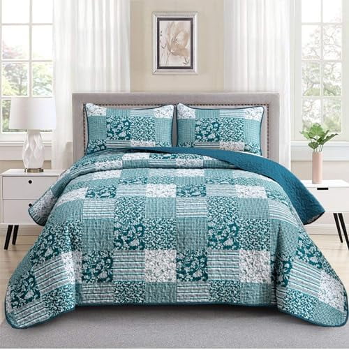 Teal Blue Quilt Set Queen Size 3 Pieces Boho Plaid Turquoise Floral Bedspread Set Microfiber Lightweight Bohemian Bedding Bedspread Coverlet Set for All Season 90"x96"