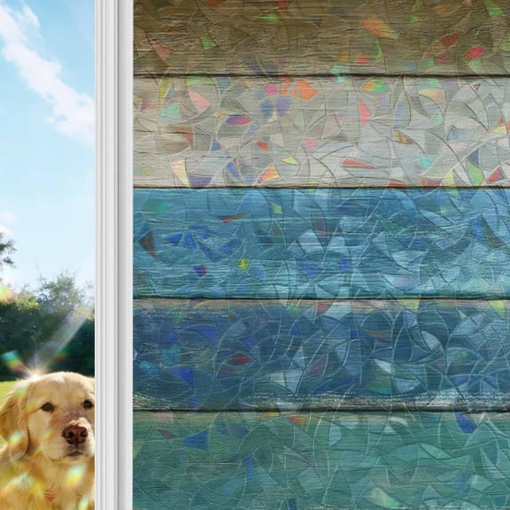 Teal Blue Rainbow Window Privacy Film, Brown Wooden Board Gradient Farmhouse Country Stained Glass Window Film, Sun Blocking Glass Clings Static Cling Non Adhesive Door Stickers 19.6 x 39.3 Inches