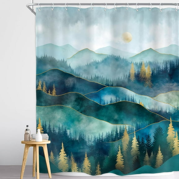 Teal Blue Rainforest Shower Curtain Mountain Woodland Pine Trees Landscape Dark Green Golden Natrue Scene View for Women Men Waterproof Polyester Fabric Bathroom Bathtub 70"W x 72"L (Pack of 1)