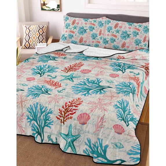 Teal Blue Red Coral King Size Down Alternative Comforter, Lightweight Comforter Quilt Bedding Set with Pillow Shams Coastal Nautical Summer Beach All Seasons Bed Comforter Duvet Insert 96"x106"